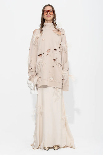 Distressed Turtleneck With Feathers - Beige