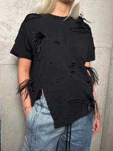 Distressed T-Shirt With Feathers - Black