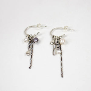 Silver Seed, Pearl & Chain Hoop Earrings