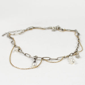 Gold & Silver Tangled Chain Pearl Charm Necklace