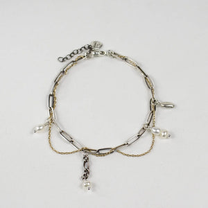 Gold & Silver Tangled Chain Pearl Charm Bracelet