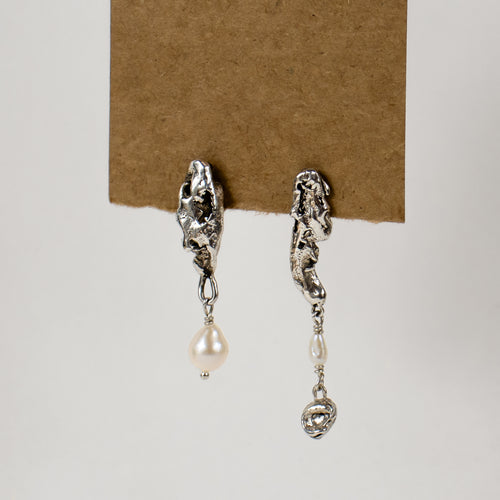 Silver Sculptural Pods & Pearls Earrings