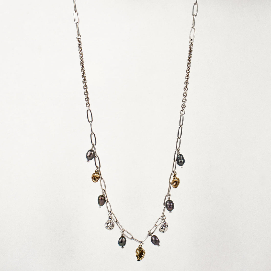 Mixed-Metal Seaweed Pods & Pearls Necklace