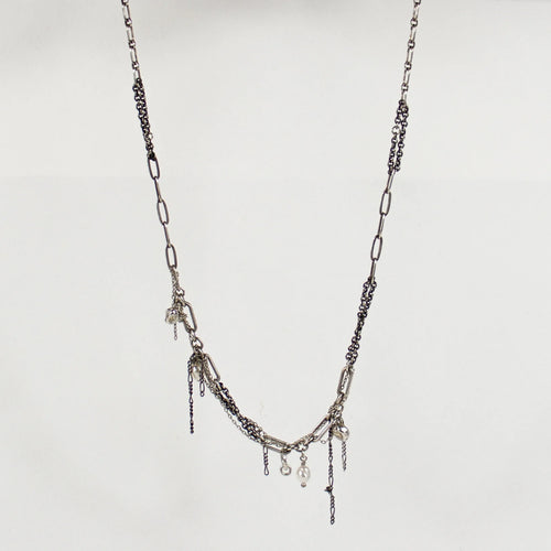 Silver Pods & Pearls Tangled Mixed-Chain Necklace