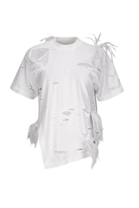 Distressed T-Shirt With Feathers