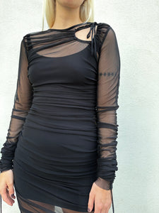 Open Back Gathered Mesh Dress