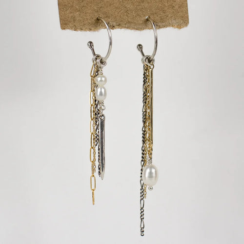 Silver & Gold Spikes & Chain Pearl Hoop Earrings