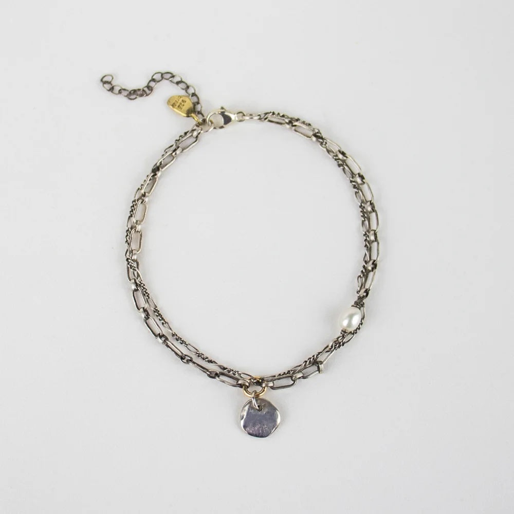 Silver Double-Chain Rock & Pearl Bracelet