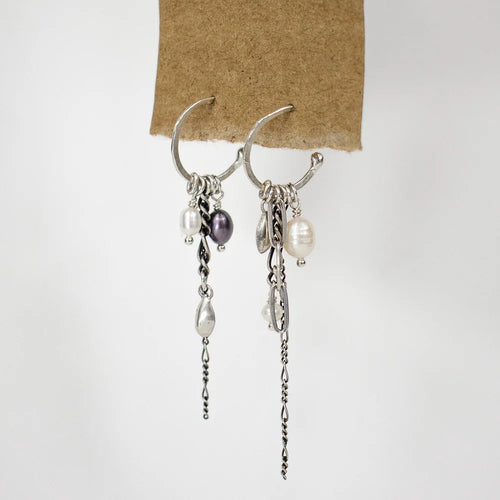 Silver Seed, Pearl & Chain Hoop Earrings