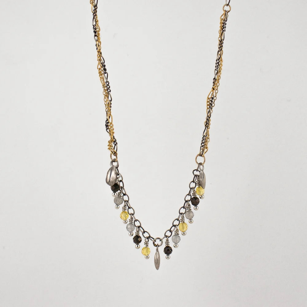 Silver Seed Tangled Gold & Silver Chain Beaded Fringe Necklace