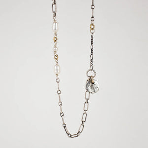 Silver Mixed-Chain Pearl & Rock Necklace