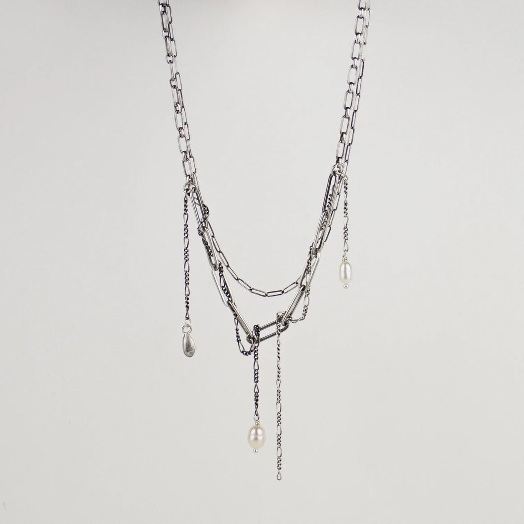 Seed & Pearls Paperclip Chain Silver Necklace