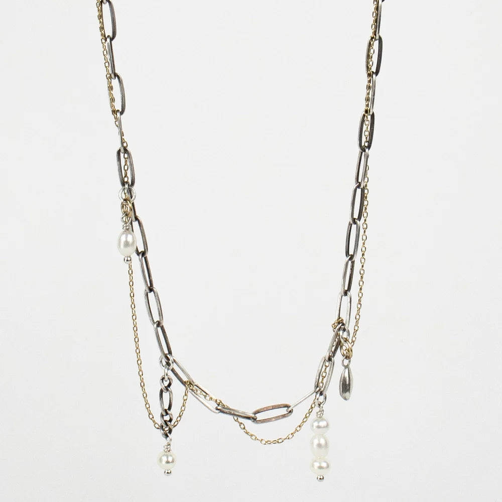 Gold & Silver Tangled Chain Pearl Charm Necklace